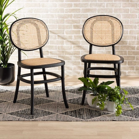 Baxton Studio Garold Mid-Century Brown Woven Rattan and Black Wood 2-Piece Cane Dining Chair Set PR 195-2PC-12386-ZORO